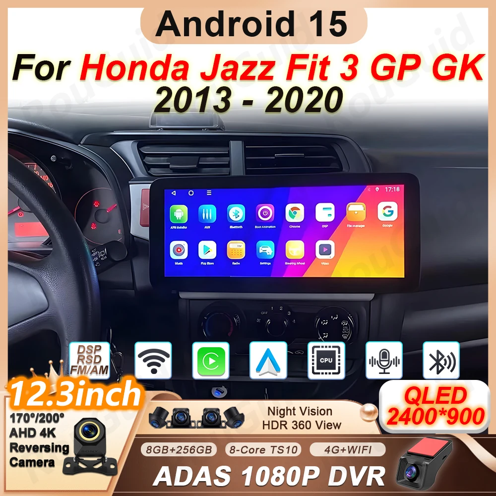 

12.3'' Android Auto Carplay Car Radio For Honda Jazz Fit 3 GP GK 2013 2014 2015 -2020 Multimedia Player Stereo GPS BT Navigation