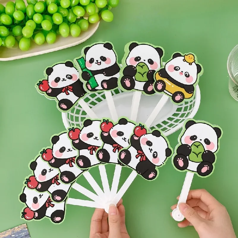 Plastic Panda 6-Panel Folding Fan for Kids, Summer Promotional Gift, Cute Cartoon Cooling Fan for Elementary Students