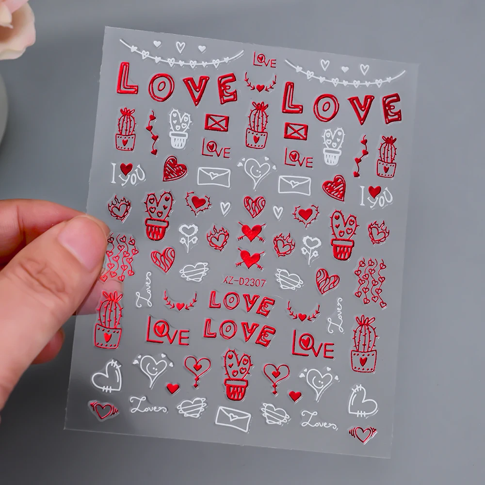 1 pçs 5d lábios vermelhos/amor arte do prego adesivos sexy dia dos namorados coração/rosa/fita auto adesivo decalques de unhas para casamento/perty decoração do prego