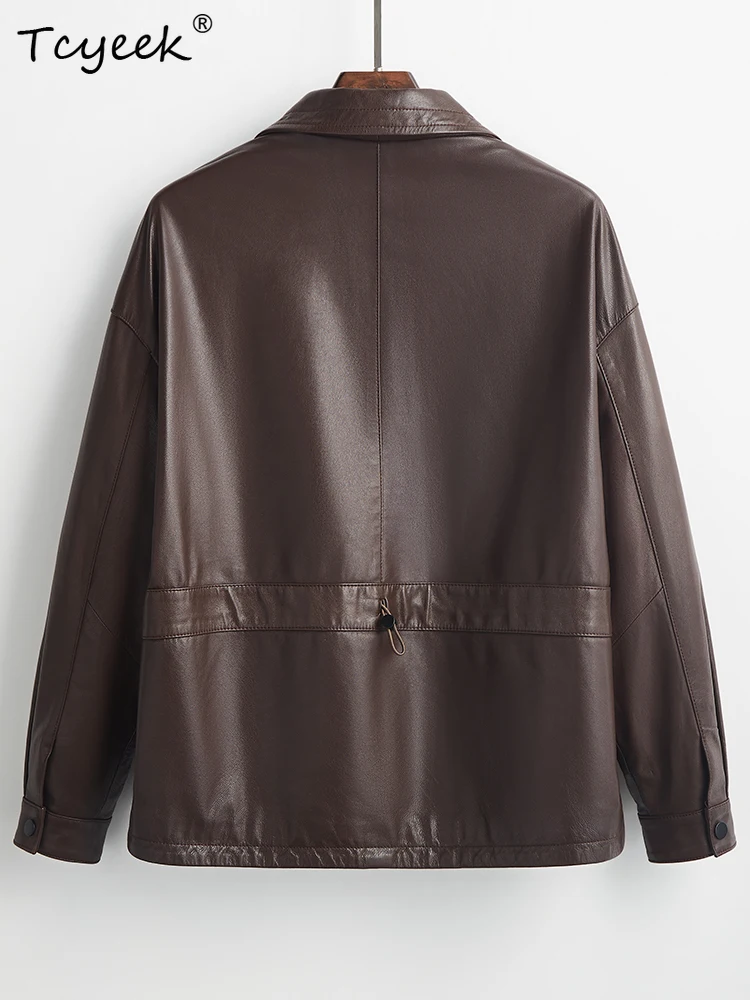 Tcyeek Damska Kurtka Skórzana z Naturalnej Owczej Skóry Wiosna Jesień Kołnierz Długi Rękaw Krótka Brązowa Kurtka Skórzana Chaqueta Cuero Mujer