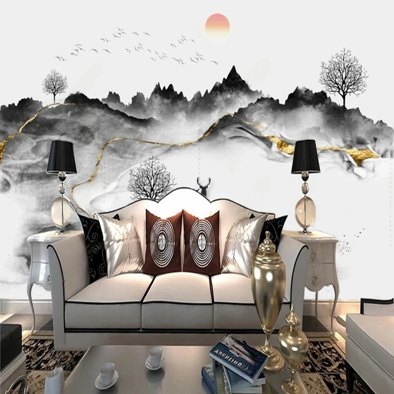 New Chinese Style Wallpaper Deer Photo Mural Ink Landscape Forest Mountain Painting Wardrobe Home Decor Wall Art 3D