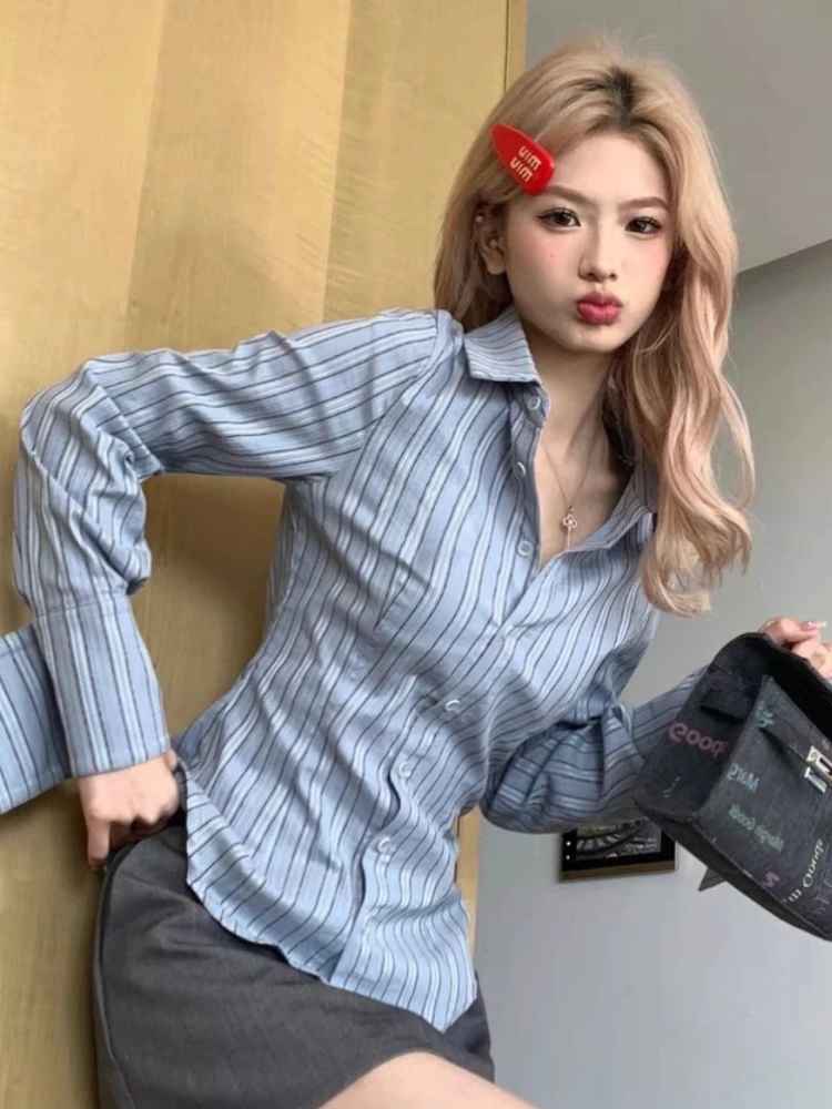 Striped Shirts Women Spring Korean Style Slim Long Sleeve Tops Simple Trendy Leisure All-match Clothing Streetwear Chic College