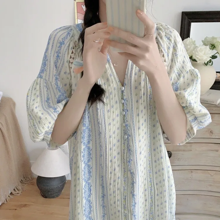 Wholesale Supply of Korean Inspired Pure Cotton Nightgown Double Layered Yarn Lightweight Breathable Short Sleeve Loungewear