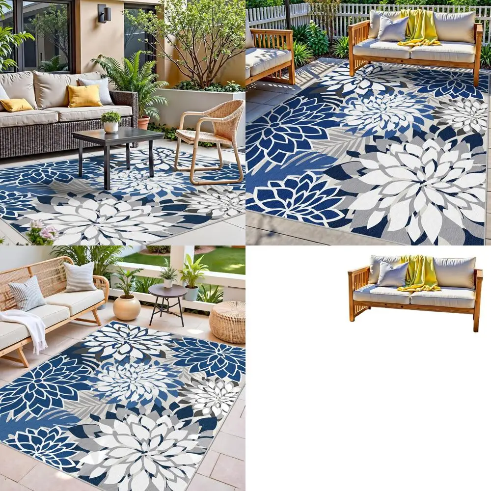 

5x8 Outdoor Area Rug Washable Multicolored Patio Rug Tropical Botanical Floral Chenille Waterproof Outdoor Carpet for Living Roo