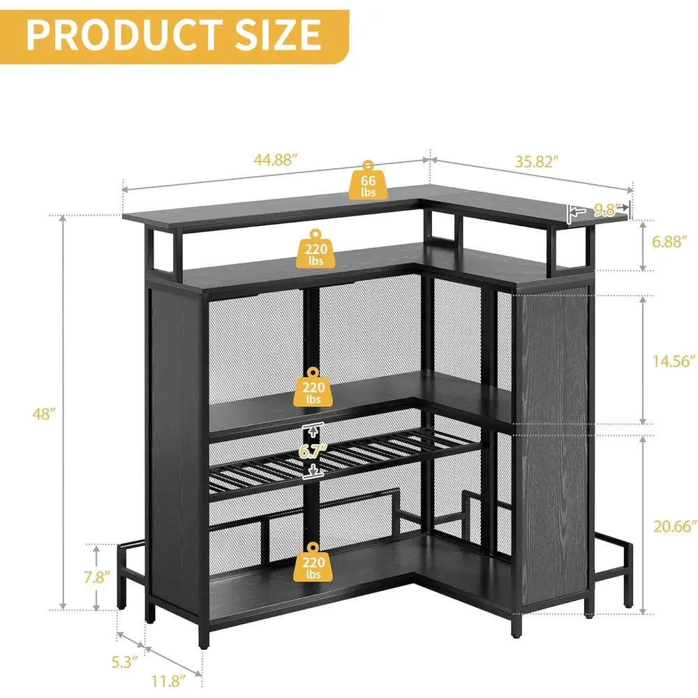 Unità bar a forma di L controllata a LED con tavolo per liquori a 4 livelli, portabottiglie, contenitore e portabicchiere per cucina pub in nero