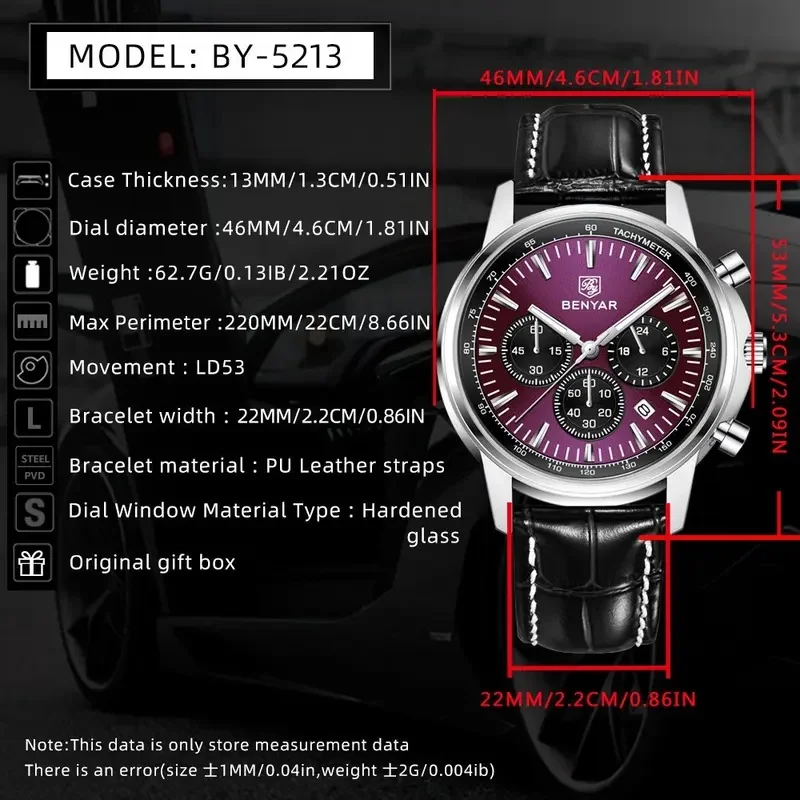 Benyar 2026 New Luxury Watches For Men Date Chronograph Lrather Man Watch Waterproof Luminous Sport Military Men's Quartz Watch