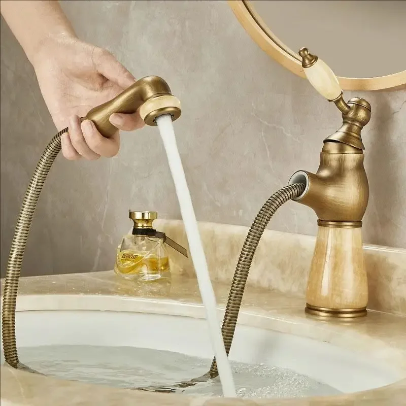 Antique Bathroom Basin Faucets Jade washroom basin sink tap mixer hot cold faucet Pull out sink faucet