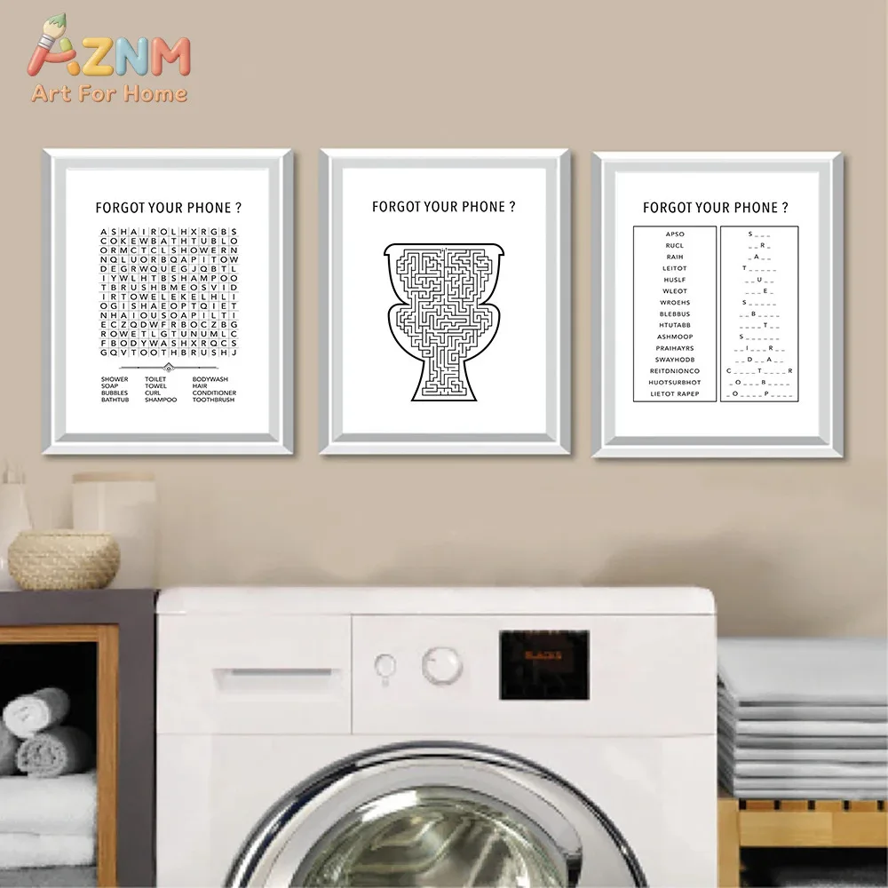 AZNM Funny Bathroom Forgot Your Phone Canvas Wall Art, Word Search Maze Puzzle Print, Frameless Minimalist White Black Toilet De