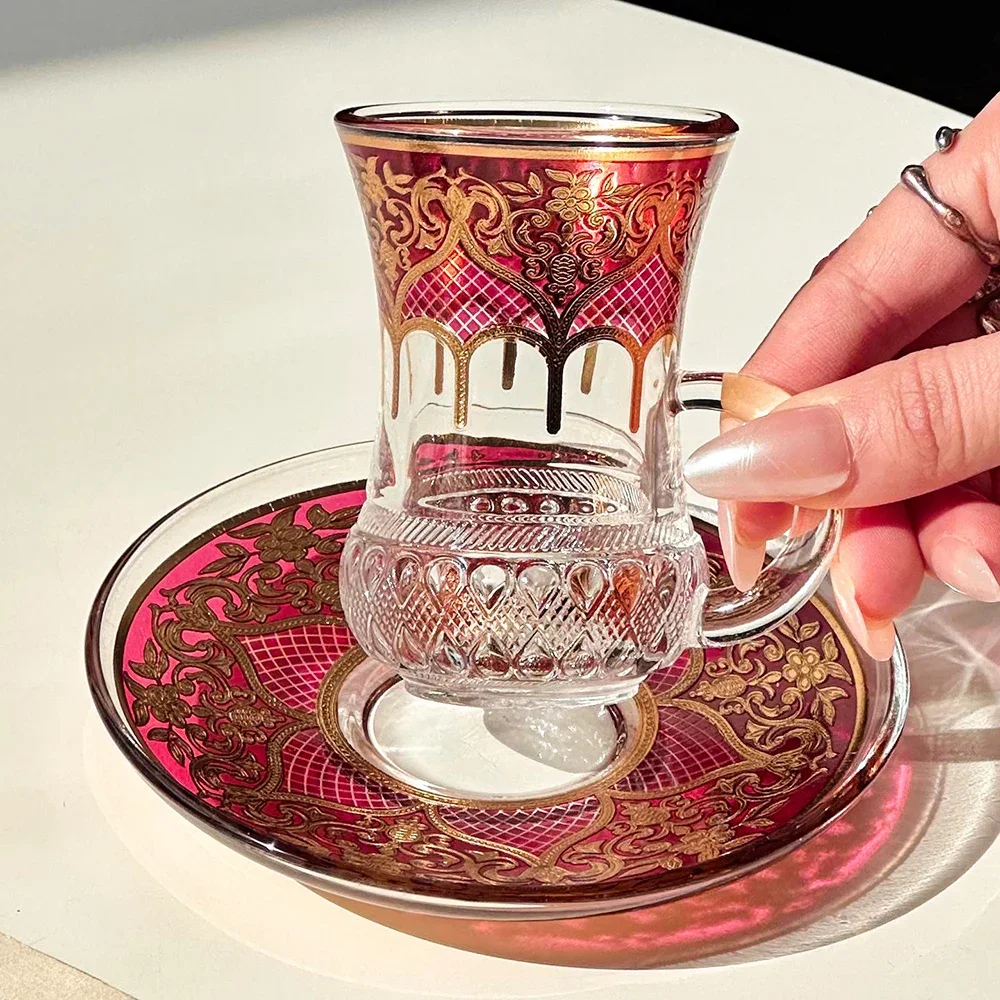 Retro Turkish Coffee Cup, Exotic Glass Black Tea Cup, Household Cafe Pyrography Coffee Mug and Saucer Set, 80ml view 2