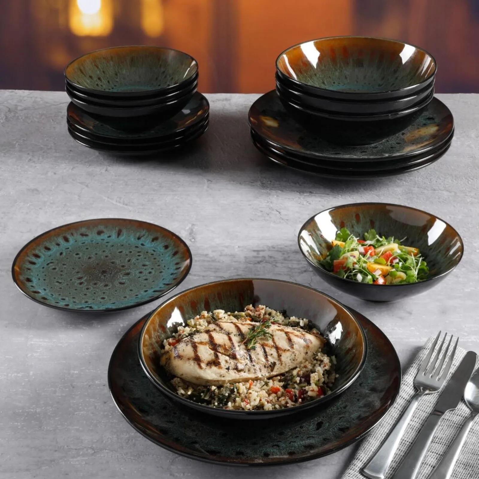 US Kyoto 16-Piece Double Bowl Stoneware Dinnerware Set - Teal