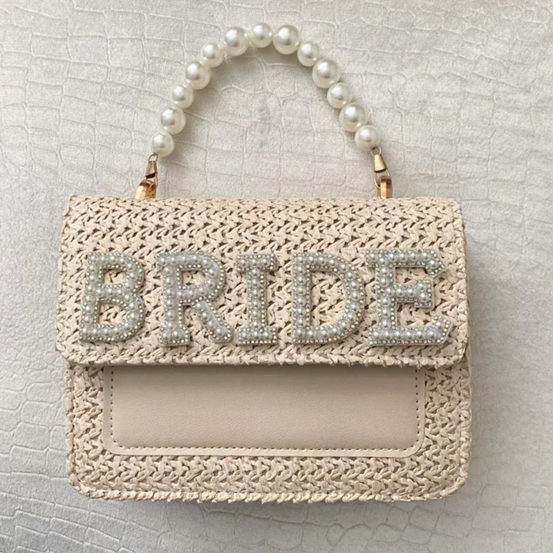 Bride Pearl woven bag Bridal Shower country rustic boho beach pool Wedding Engagement Honeymoon trip Bachelorette hen Party Gift