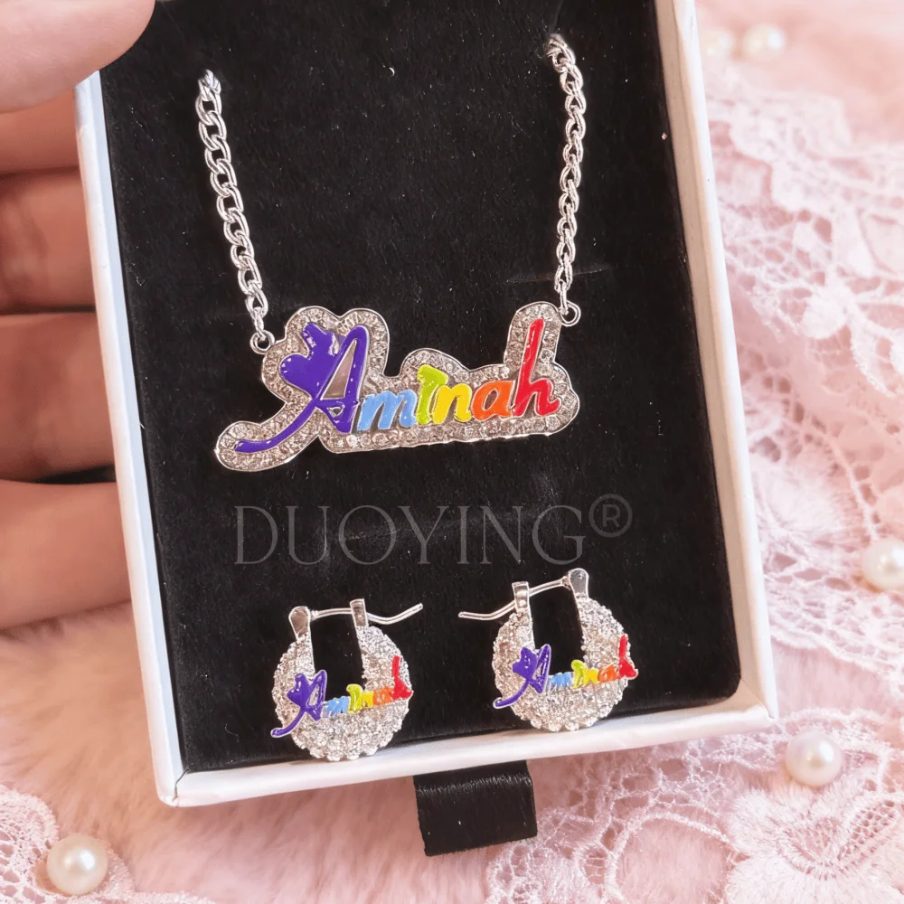 DUOYING مخصص بلينغ قوس قزح لوكس مجموعة الفولاذ المقاوم للصدأ لوحة 15 مللي متر الزركون المينا أقراط قلادة