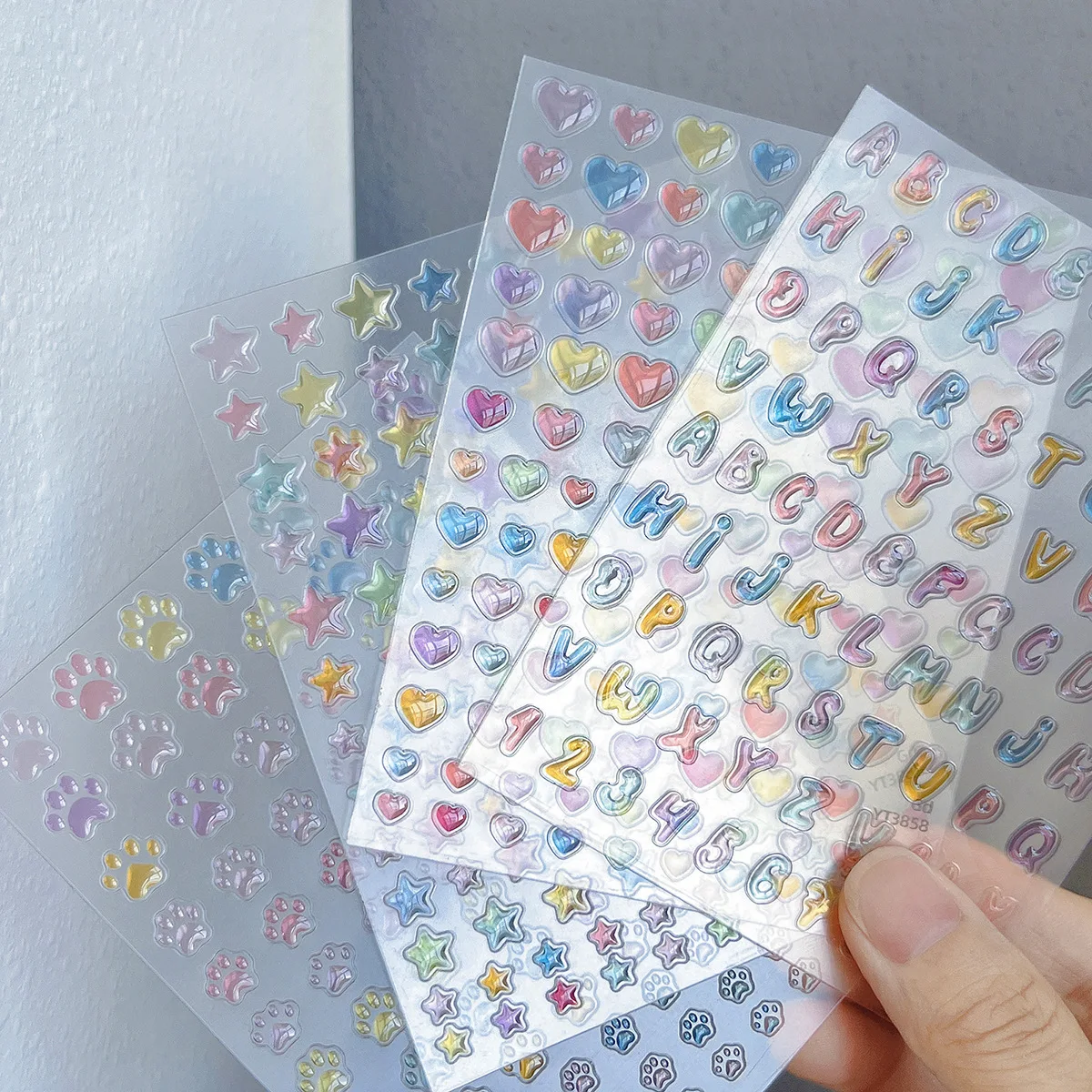 Adesivi per unghie color gelatina 3D stella a cinque punti/cuore/lettera decalcomanie per nail art colorato traslucido glitter effetto gel manicure fai da te