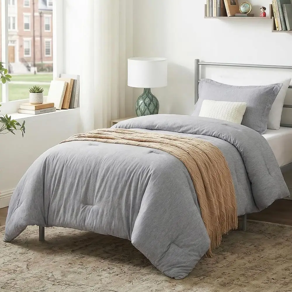 Twin/Twin XL Comforter Set College Dorm Essentials, 2 Pieces Heathered Light Grey Twin Comforter or College, Gray Bedding Set wi