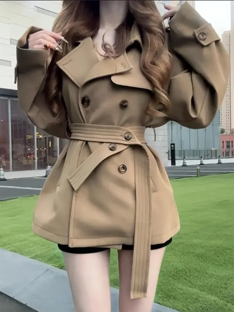 Chique casual curto trench coat jaqueta feminina outono inverno nova moda duplo breasted design cintura emagrecimento blusões