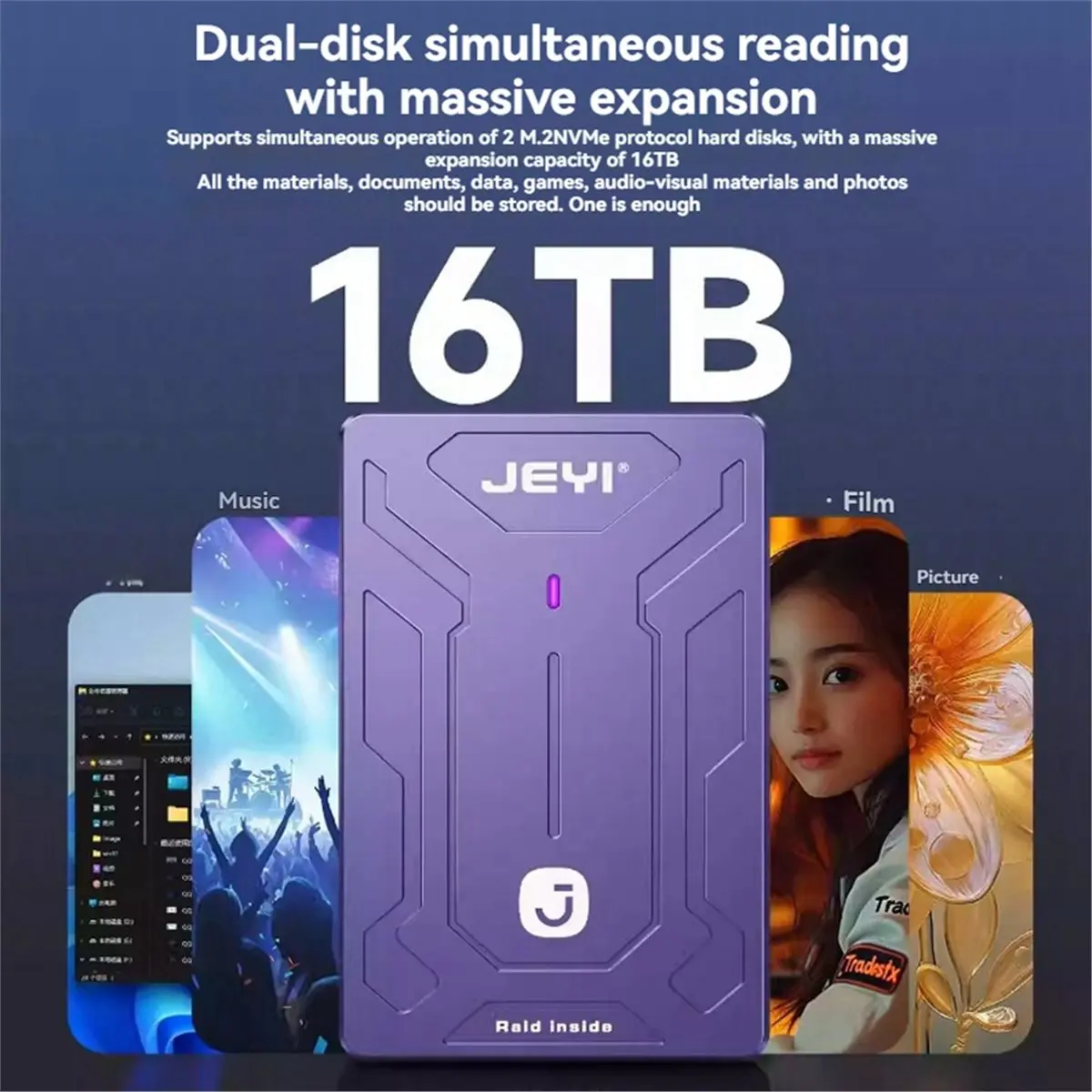 Y69A JEYI Dual Bay NVME RAID SSD Enclosure USB3.2 20Gbps RAID External Enclosure Built-in Cooling Fan for PC view 2