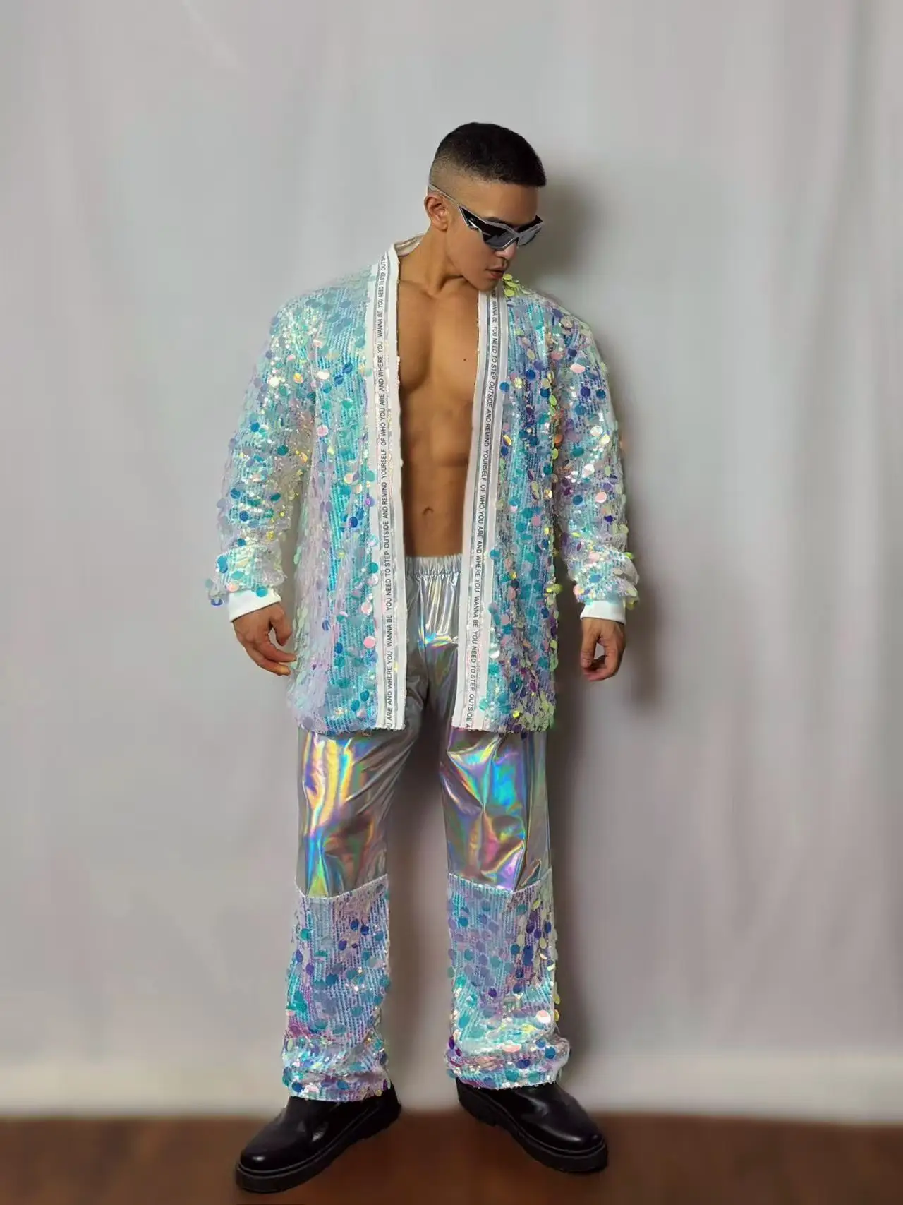 Men's Flashing Sequins Performance Outfit Jazz Dance Costume Coat Pants 2 Piece Set for Bar Nightclub Singer Concert Stage Wear