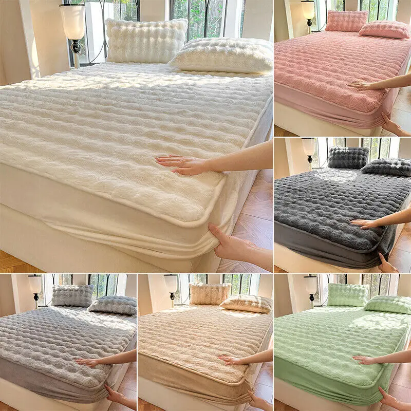 Velvet Mattress Cover Pad Fluffy Plush Fitted Bed Sheet Fleece Bed Cover for Double Bed Winter Warm Bed Dust Mite Queen Size