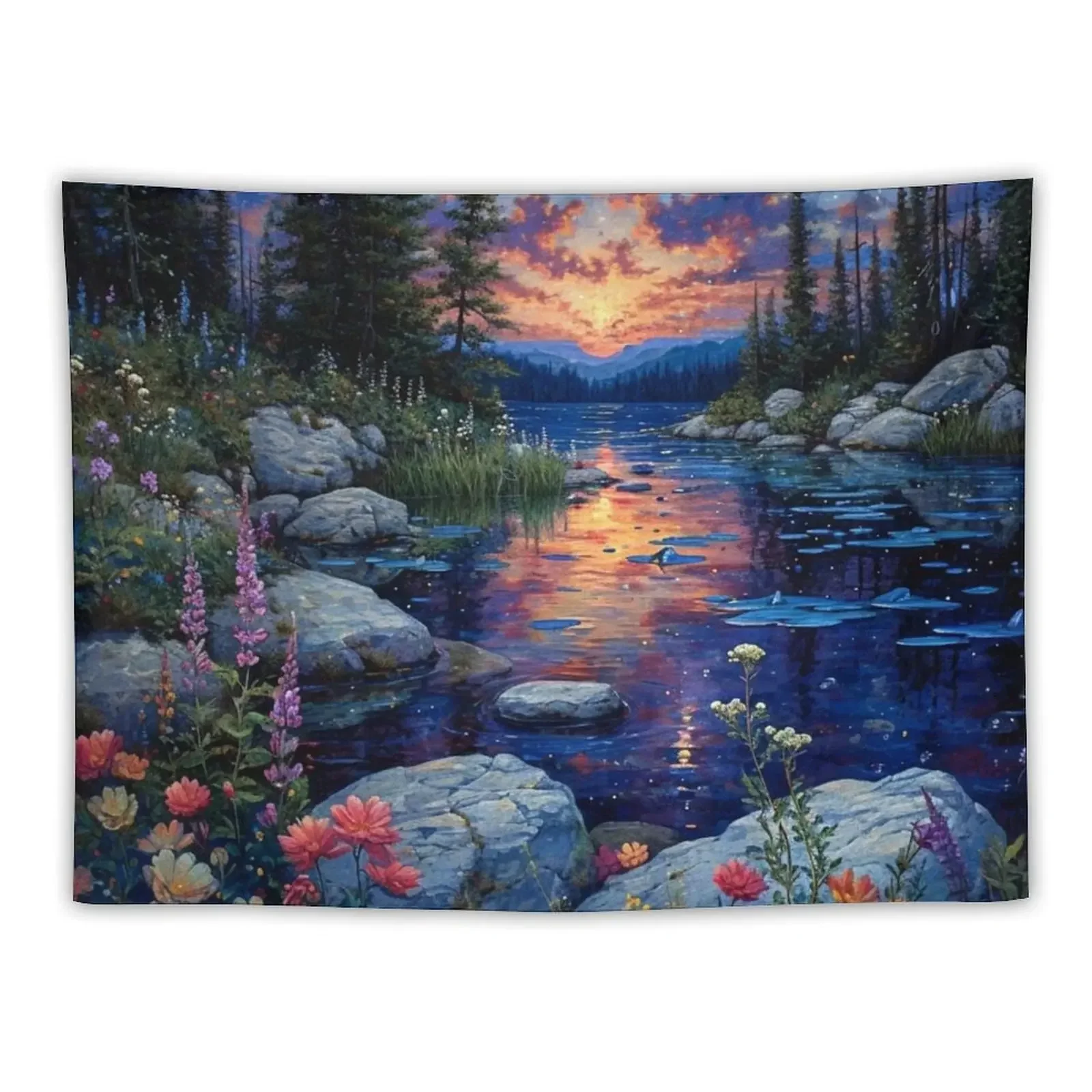 Flowered Lake Tapestry Hanging Wall Room Decor Cute Room Design Wall Deco Tapestry