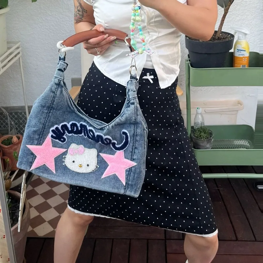 New Hello Kitty Handbag Cartoon Denim Pink Diamond Letter Shoulder Bag Y2k Cute Spicy Girl Casual Large Capacity Tote Bag