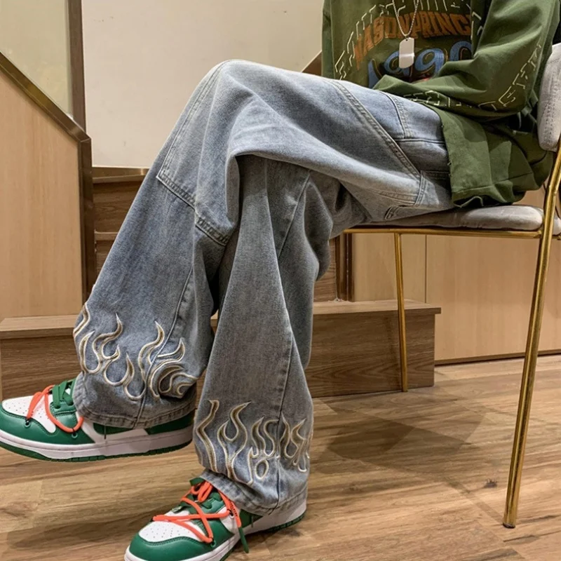 

Мужские широкие джинсы с пламенным узором Y2K, повседневные эстетические джинсовые брюки в стиле хип-хоп, мешковатые прямые брюки свободного покроя