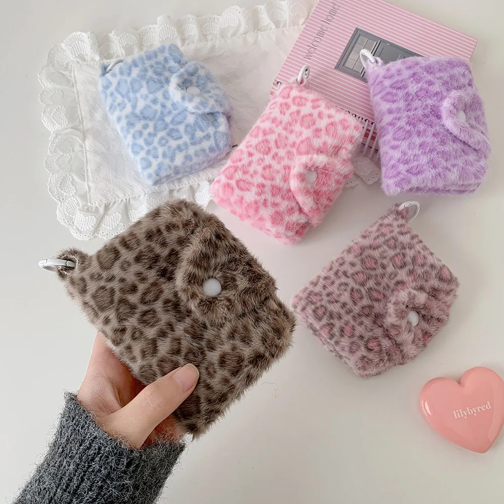 New Fashion Plush Leopard Pattern Snap Card Bag for Girls Mini Storage Wallet Coin Wallet Pendant Earphone Bag Women's Gifts