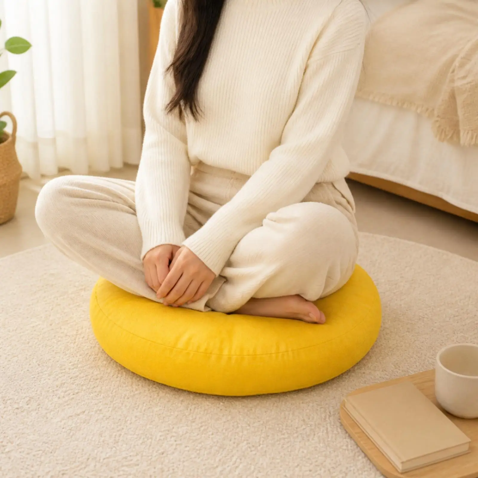 Round Cushion with Central Button Detail Multifunctional Round Floor Cushion Comfortable Fabric Floor Pillow for Reading Corner,
