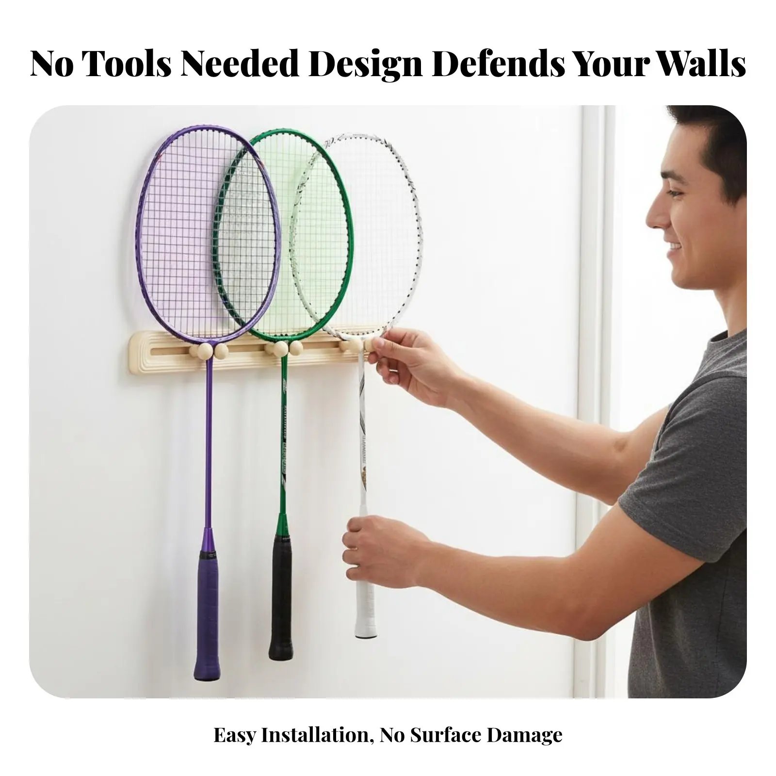 

Настенный держатель для бадминтонных ракеток, экономящий место, с выдвижным крючком, настраиваемый дизайн, прочный.