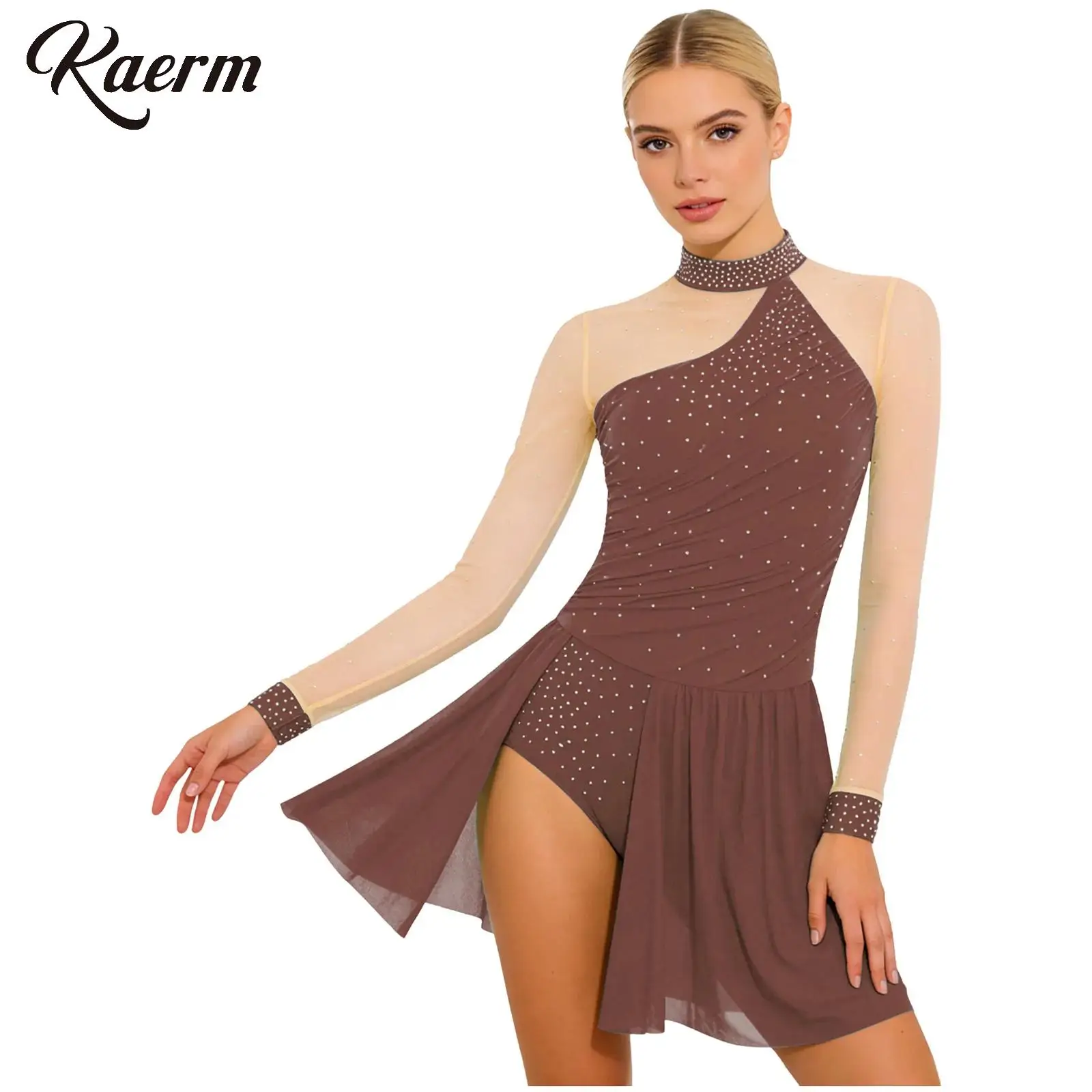 

Women Rhinestones Figure Ice Skating Dress Contemporary Lyrical Dance Performance Costume Sheer Mesh Gymnastics Ballet Leotard