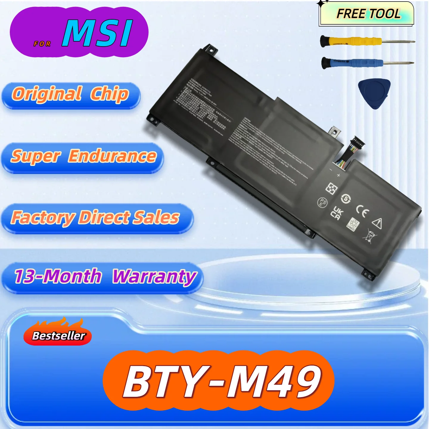 11.4V 52.4Wh 4600mAh BTY-M49 For MSI Laptop Battery Prestige 14 A10SC Prestige 14 Hands-On A10M 13 Months Warranty 52.4Wh