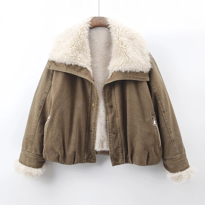 Winter Women New Fashion Warm Imitation Lambswool Fur Liner Denim Jacket Loose Casual Lapel Long Sleeve Female Cowboy Outerwear