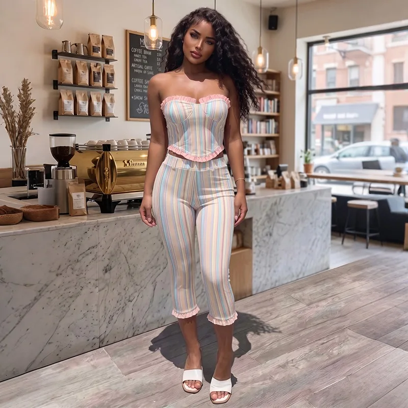 KEXU Sweet Sexy 2 Piece Outfit Women Sleeveless Wrap Chest Backless High Waist Long Pants Summer Matching Set