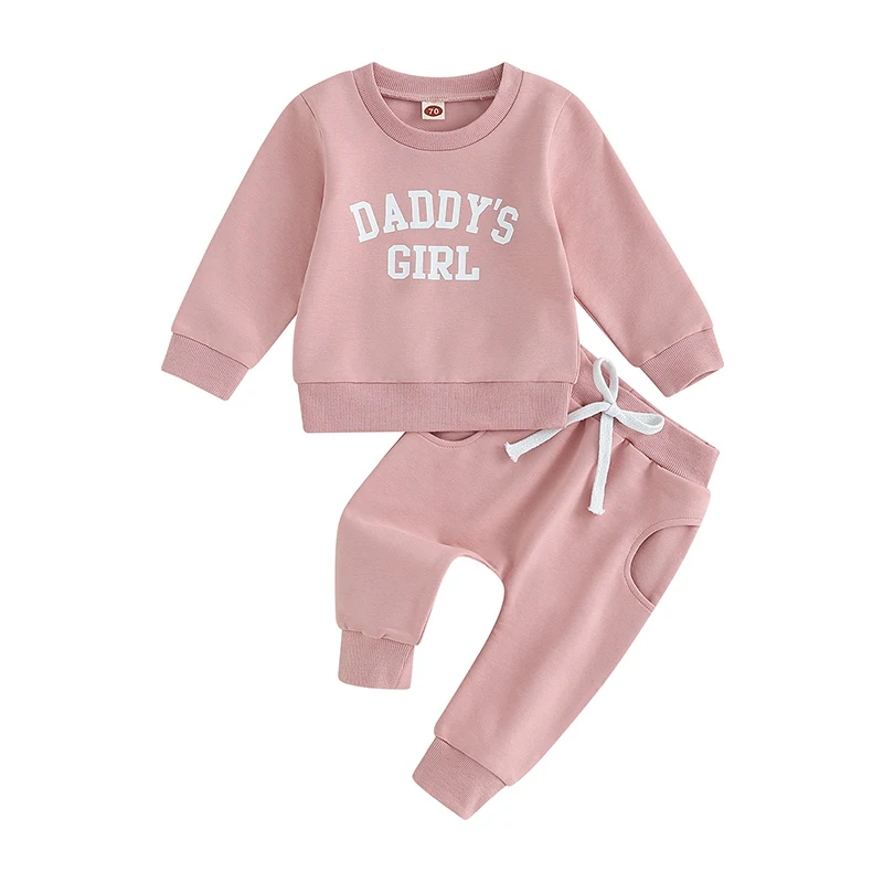 

Baby Girls 2-piece Outfit Letters Print Long Sleeve Crew Neck Sweatshirt with Elastic Waist Sweatpants Fall Clothes