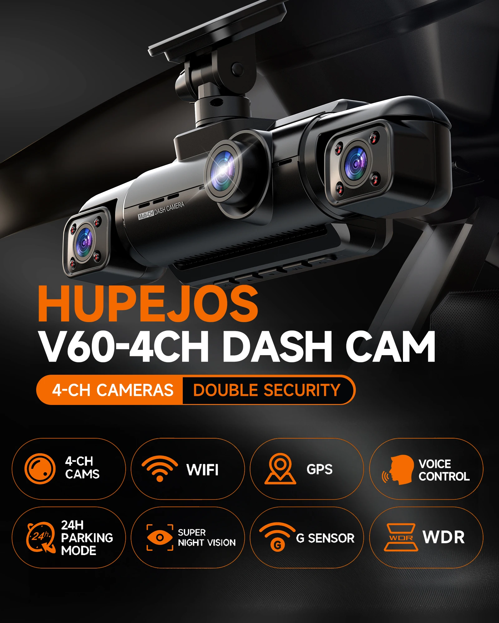 Cámara para Coche HUPEJOS V60-4CH 4K+1080P, Visión Nocturna Superior, Control por Voz, WiFi y GPS Integrados de 5 GHz, Modo de Estacionamiento 24H, DVR para Coche