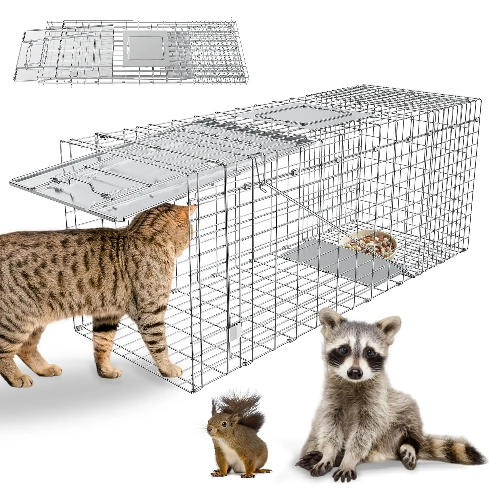 Animal Cage Trap Humane Live Trap for Cats, Rabbits, Raccoons Galvanized Iron Folding Trap with Handle, Squirrel & Ground