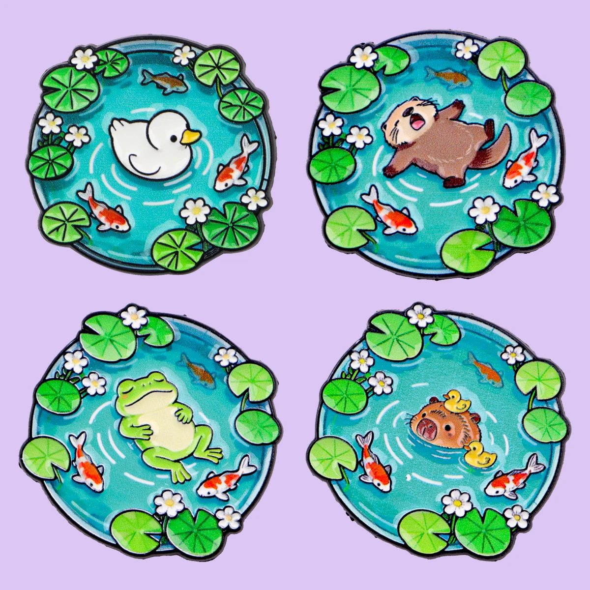 4pcs/Set Pond Animals Frog Duck Enamel Pin Cute Otter Capybara Brooches Lapel Pins Backpack Accessories Decorative Jewelry Gifts