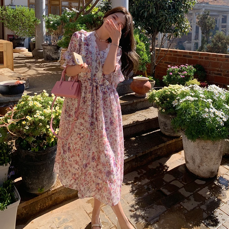 

Plus Size 4XL Women Floral Print Festival Party Dress Elegant Lace Hollow Out Fashion Chiffon Dresses Female Summer Clothing