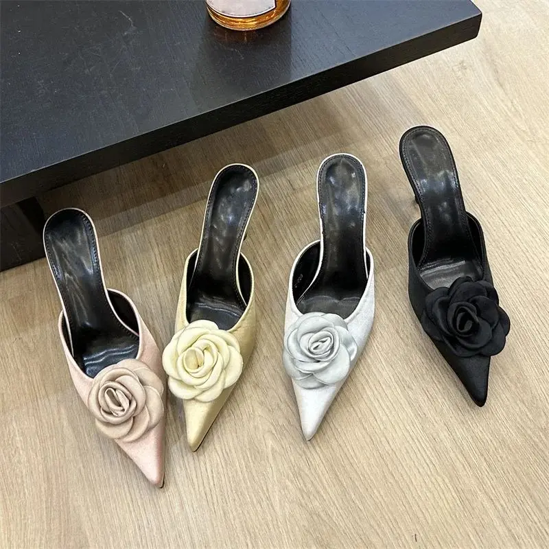 

Designer Flower Pointed Toe Women Pumps Slippers Fashion Thin Low Heels Mule Slide Ladies Shoes Zapatillas De Mujer