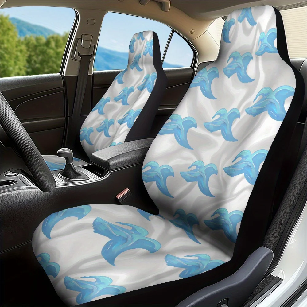 

2pcs Elegant Blue Waves Print Front Seat Covers | Quick To Remove And Wash, Machine Washable, Universal Fit, Polyester Fiber, Id