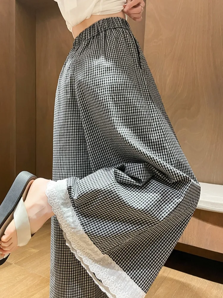 Pantalon décontracté à carreaux coréen pour femmes, été, nouveau, ample, jambes larges, jupe-pantalon, taille haute, amincissant, pantalon long, bordure en dentelle