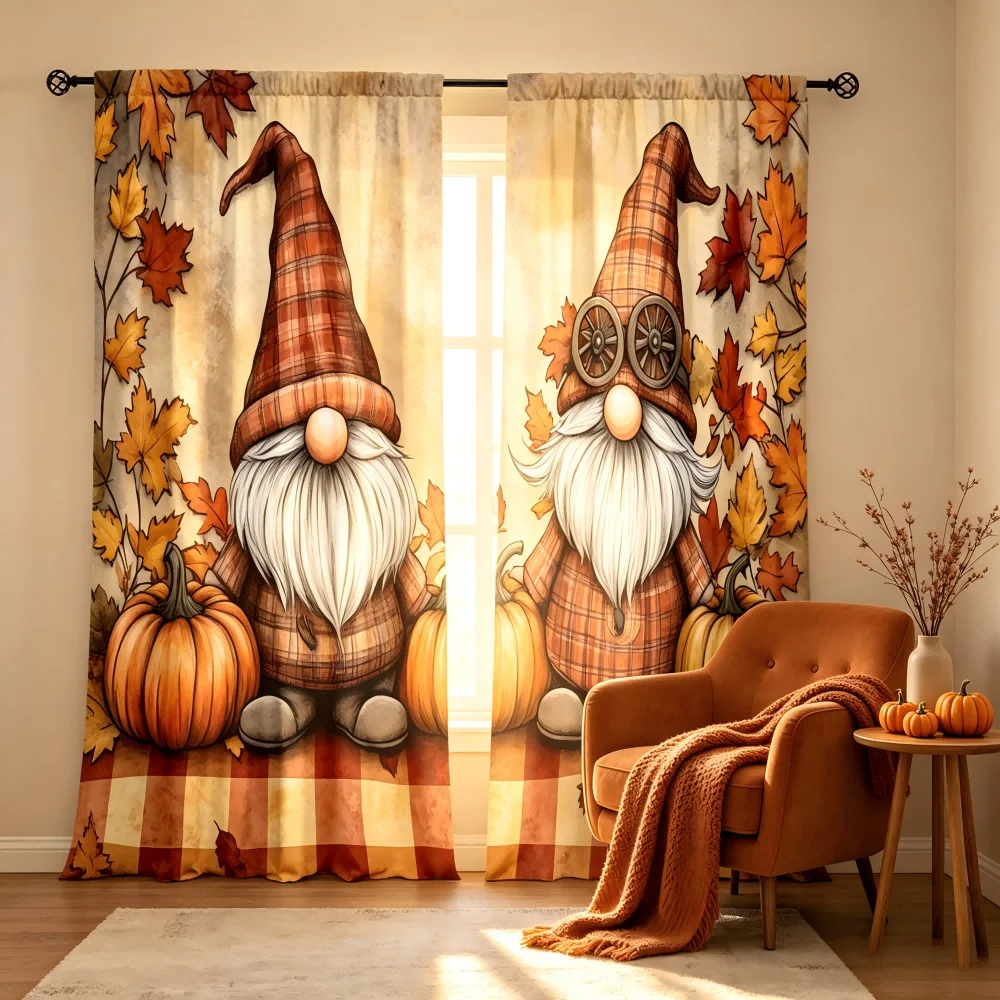 2PCS Digital Printed Curtain, Autumn Gnome with Pumpkin Plaid Pattern, Cute Fall Thanksgiving Style Window Drapes for Home