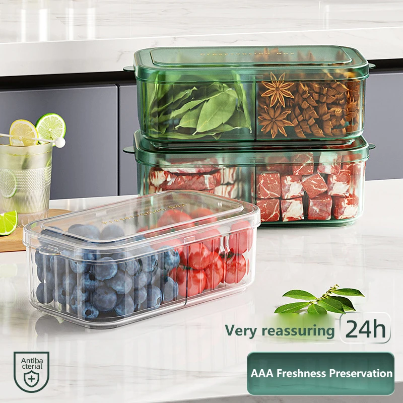 2 Grids Refrigerator Frozen Fruit Meat Vegetables Leak Proof Independent Packed With Lids Leak Proof Fresh Seal Seasoning Case