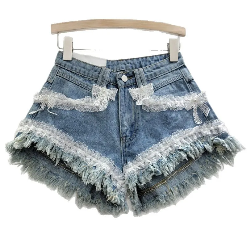 Heavy Industry Flower Lace Fringed Rough Edge Denim Shorts Women's Summer New Street Loose High Waist Thin Wide Leg Hot Pants