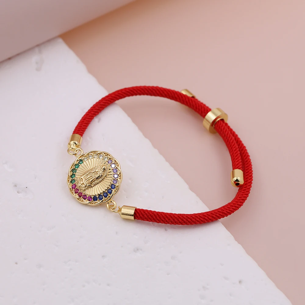Pulsera con dijes de circonia cúbica de la Virgen María tejida hecha a mano para mujer y hombre, cadena ajustable en negro, rosa y rojo, joyería de cuerda al por mayor