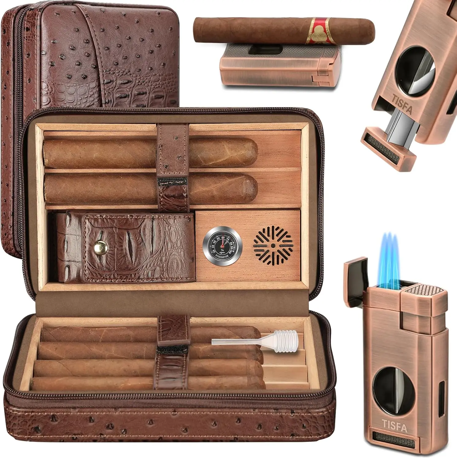 

Leather Cigar Case Humidor with Lighter Cutter 3-in-1 Portable Cedar Wood Box Humidifier Hygrometer Cigar Accessories Gift
