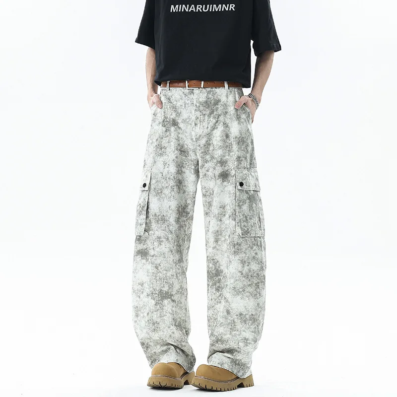 Men's White Baggy Jeans Dirty Printed Grunge Y2K Loose Straight Denim Pants Harajuku Oversized Streetwear Jeans Trousers Male
