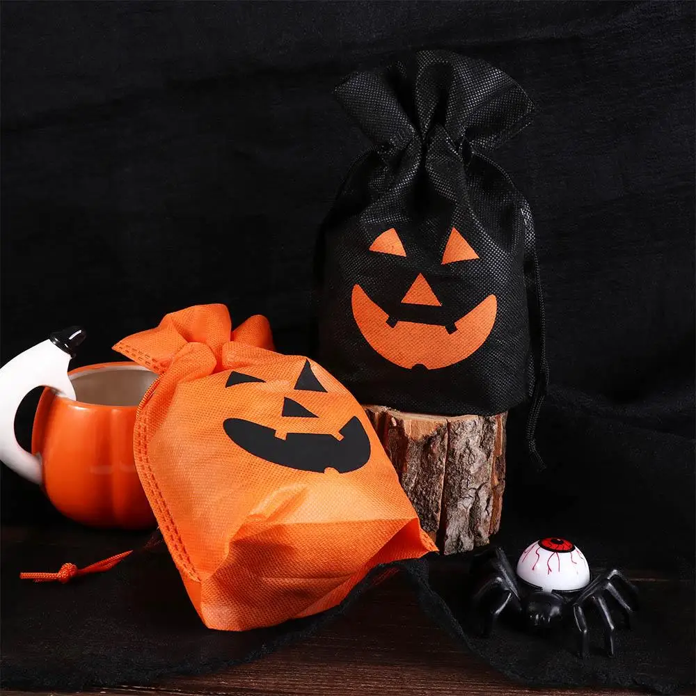 Tas tangan Halloween tas permen perhiasan Organizer kemasan koin dompet labu tas hadiah Oranye hitam serut kantong penyimpanan