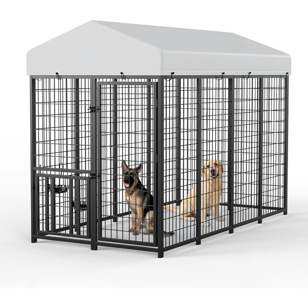 Large Dog Kennel Outdoor Pet Pens Dogs Run Enclosure Animal Hutch Metal Coop Fence with Rotating Bowl (4'L x 4'W x 4.25'H)