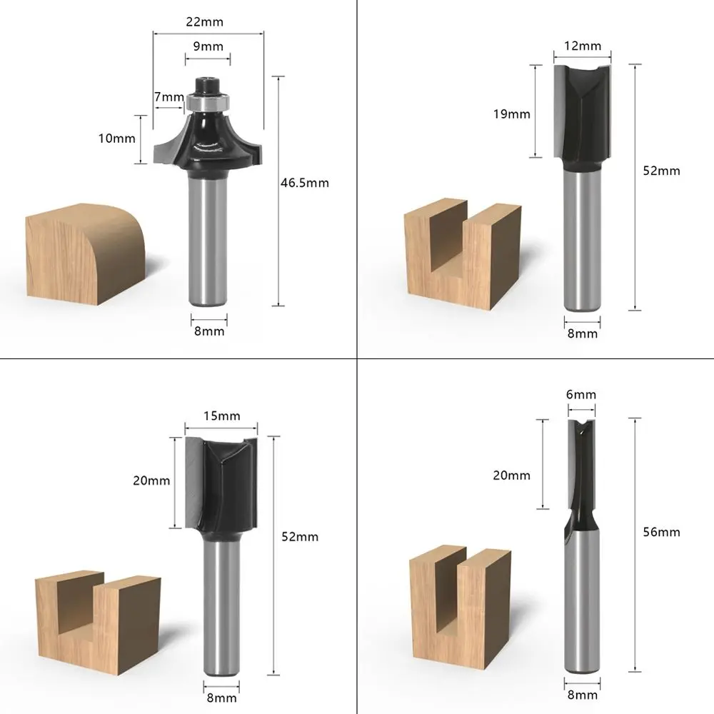15PCS 12PCS 8MM Shank Tungsten Carbide Router Bits Set - Wood Trimming, Engraving, Grooving & Edge Profiling Cutter