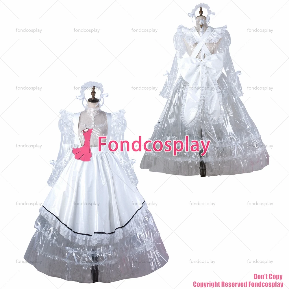 fondcosplay adult sexy cross dressing sissy maid long clear pvc dress lockable Uniform white apron costume CD/TV[G2205]